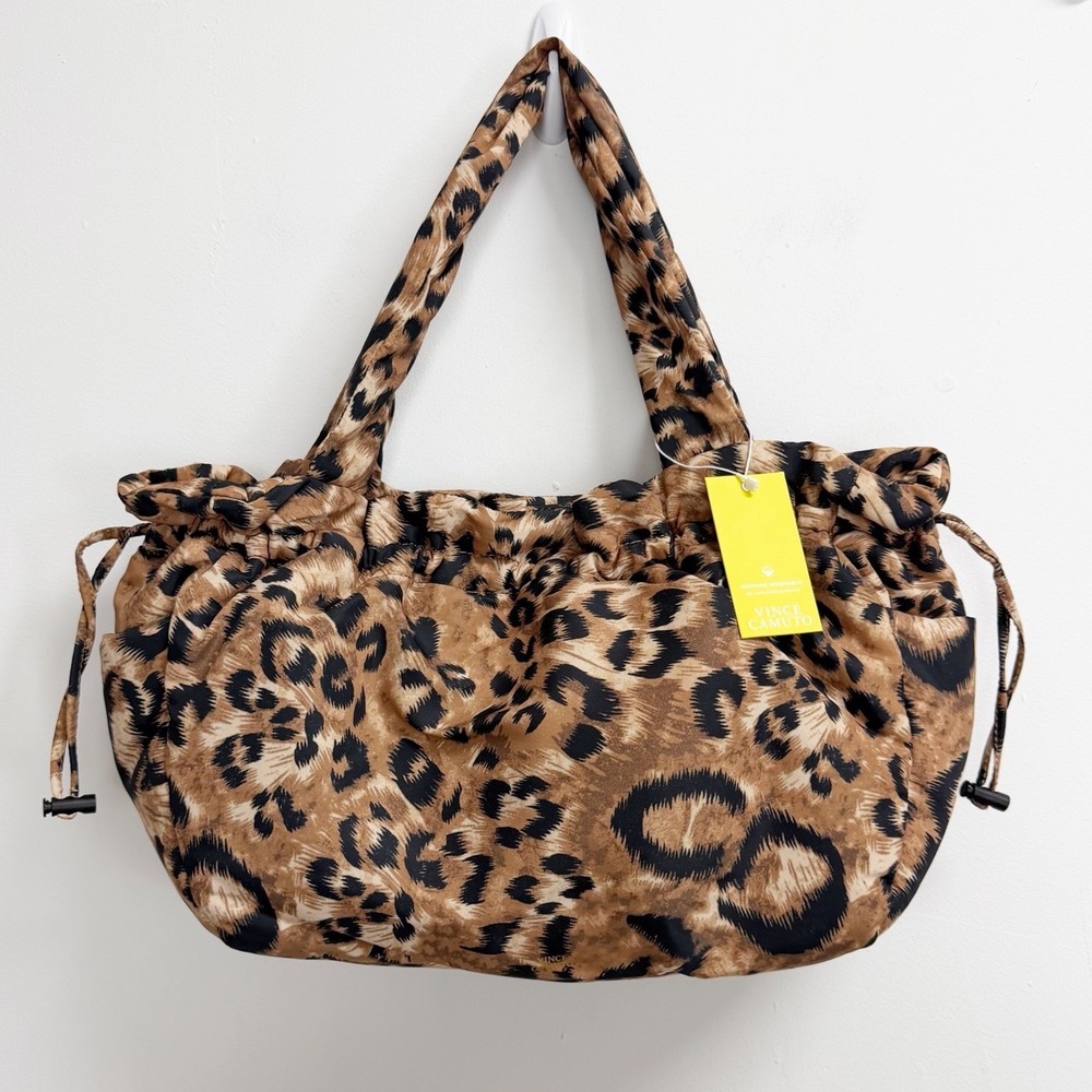 Vince Camuto Purse Womens Saira Nylon Drawstring Tote Purse Leopard Print NWT